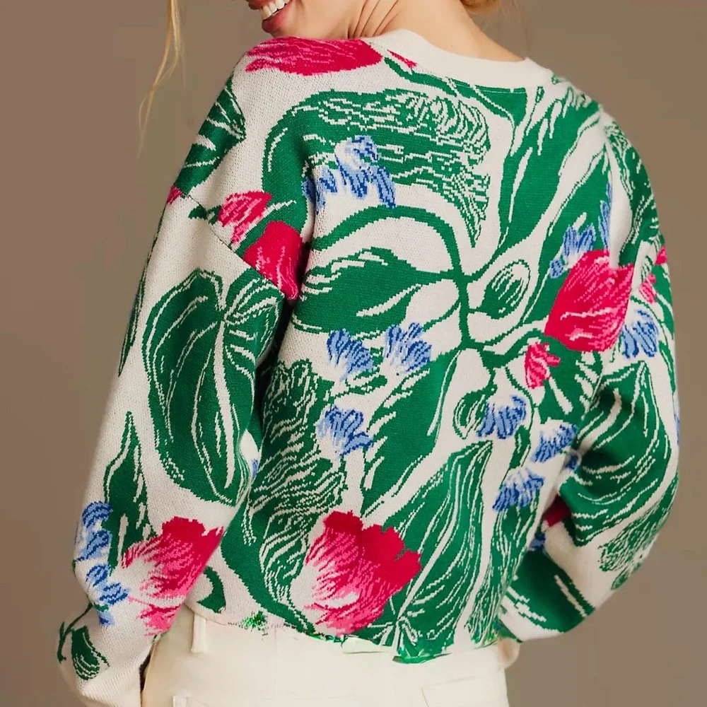 AVARA Size S Green-White w/Pink-Blue Splashes Tropical Print Crew Neck Sweater - Picture 2 of 7